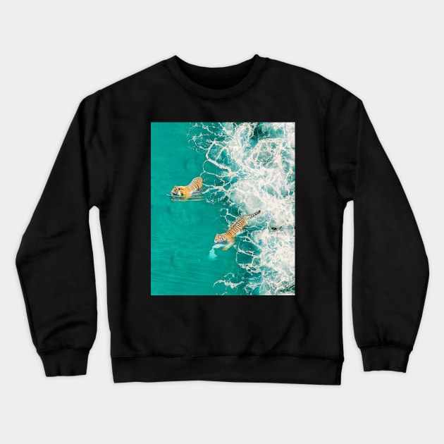 Big Cat Tiger Surfing At Beach Crewneck Sweatshirt by Random Galaxy